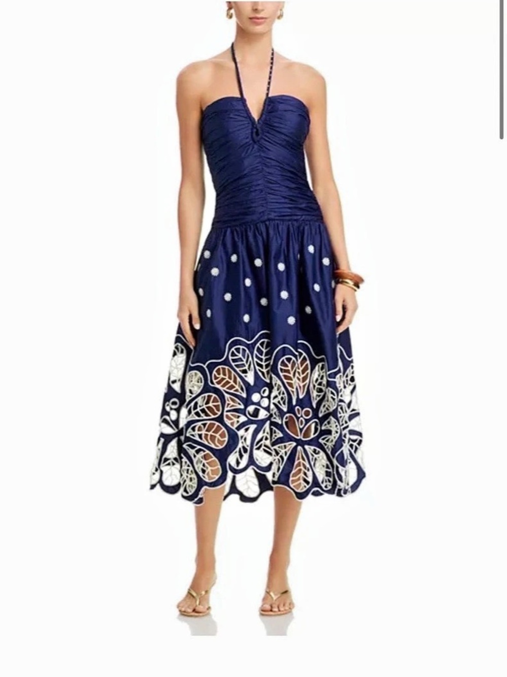 FARM RIO Navy Blue Embroidered Richelieu MIDI Dress